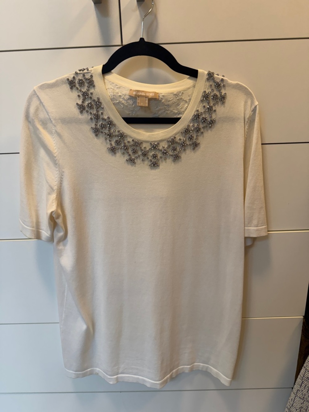 Michael Kors Collection Cream Short-Sleeve Knit Top with Silver Beaded Neckline